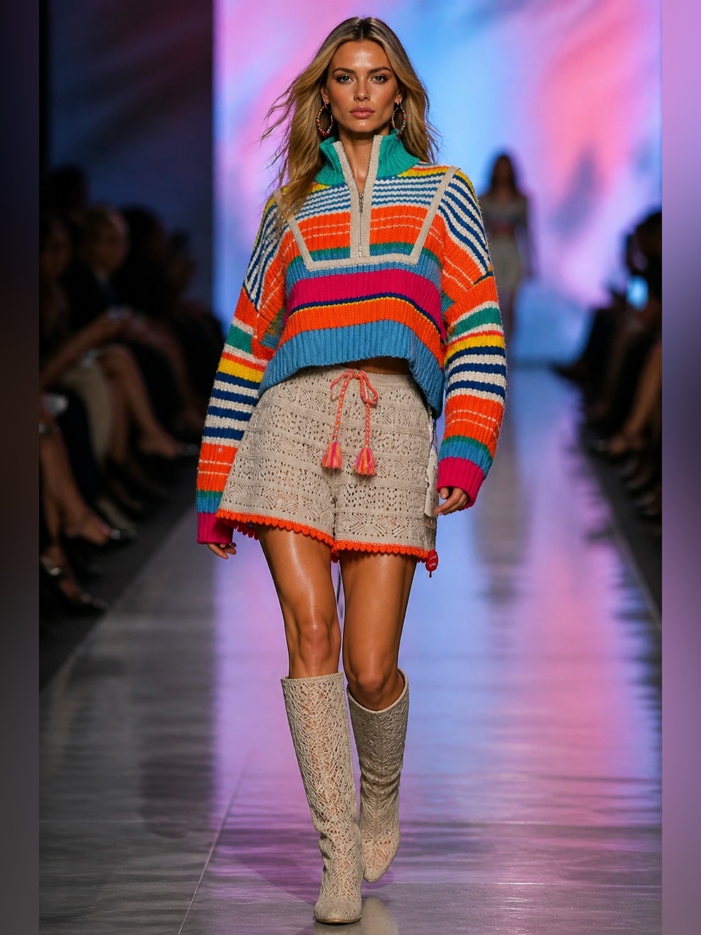 STAUD Bright Multicolor Striped Cropped Crewneck Sweater